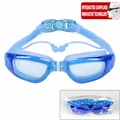Lichtblaue Schwimmbrille mit integrierten Silikon-Ohrstöpseln und Reißverschlusstasche - Beutelverpackung / Transparentes Blau