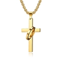 Gold stainless steel cross necklace with interlocking ring pendant on box chain - Gold