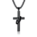 Polished black stainless steel cross and ring pendant necklace with bead chain on white - Black