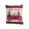 Funda de cojín navideño con camión de cuadros y bordado sobre tela de lino fino - Camión Rojo