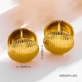 Detailed macro view showing the 14mm height and 15mm width of these gold ribbed hoop earrings - Ribbed Dome Style