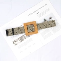 Bohemian braided belt with black and white geometric V-pattern and wooden square buckle - Big Square Buckle Multicolor