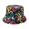 Detail of colorful graffiti print and Smile text on a black reversible bucket hat - M (56-58cm) / Graffiti Letters