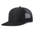Detail view of the black breathable mesh back and cotton fabric on the trucker cap - Solid Mesh / Black
