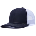 Detail of navy and white mesh trucker hat showing breathable back and contrast stitching - Contrast Mesh / Navy Blue and White