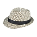 Cappello fedora in lino da uomo con motivo intrecciato bianco e marrone e fascia nera - Griglia Marrone Chiaro e Bianco (Fedora da Uomo 02)