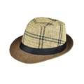 Dettaglio del cappello in lino bicolore con nastro nero e trama a maglia - Corona a Griglia Beige e Nera con Tesa Marrone (Fedora da Uomo 04)