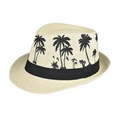 Cappello Panama in lino con stampa di palme e nastro nero per protezione solare all'aria aperta - Beige con stampa a palma