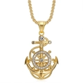 Hip hop gold plated stainless steel anchor and helm pendant necklace with white rhinestones - Gold Pendant Only (Without Chain)