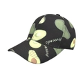 Detailopname van de stof van de zwarte baseballpet met avocado-patroon en tekst - M (56-58cm) / Zwart
