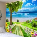 Tenture murale 3D vue mer avec tournesols et sentier côtier pour déco de chambre - Arbres au Bord de la Mer