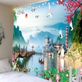 Tapisserie murale paysage chinois avec pagodes, montagnes et grues pour décoration - Paysage Pittoresque