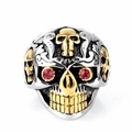 Heavy punk biker skull ring with red crystal eyes in silver and gold dual-tone finish - US 8 / Gold & Silver (22105)
