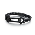 Bracciale da uomo a doppio strato in pelle nera intrecciata con fibbia in acciaio - Nero / 19cm