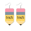 Tie-dye gradient leather pencil-shaped earrings featuring the word teach for teachers - Teach Pencil Style