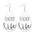 Detail view of teardrop faux leather earrings featuring TEACHER life print on white texture - Teacher Life Theme