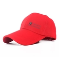 Red baseball cap with extended brim and shield metal logo for outdoor sports - Red