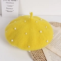 Cute ginger yellow wool beret for girls featuring elegant white pearl embellishments - One Size / Yellow
