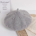 Light gray wool beret for kids featuring white pearl decorations on a soft fabric base - One Size / Gray