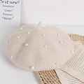 Elegant cream wool-blend beret for girls with delicate pearl embellishments - One Size / Beige