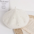 Cute cream white knitted beret for girls with pearl embellishments and top tail detail - One Size / Milk White