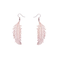 Macro shot of rose gold feather earrings with detailed hollow metal carving texture - Electroplated Rose Gold