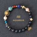 Close-up of Aquarius zodiac charm and colorful planetary beads on matte stone bracelet - Aquarius
