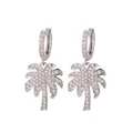 Elegant silver long tassel palm tree drop earrings with sparkling white cubic zirconia - Silver Rhinestone Loop With White Leaf Tree