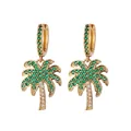 Gold palm tree drop earrings with green and white cubic zirconia crystals for summer - Gold Rhinestone Loop With Green Leaf Tree