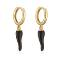 Close-up of gold-plated hoop earrings with black enamel chili-shaped horn pendants - Black