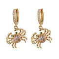 Golden crab drop earrings with sparkling clear cubic zirconia and green gem eyes - Crab-Gold White Stone (Zirconia Loop)