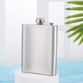 Brushed silver 304 stainless steel hip flask on a minimalist white display stand - 1oz 30ml
