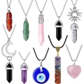 Selection of natural stone hexagonal crystal pendants on metal chains and black cords - 10PC Set