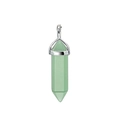 Macro shot of green hexagonal crystal pendant with polished silver metallic bail - Moon Charm / Green Aventurine