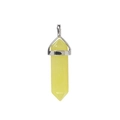 Close-up of a yellow hexagonal crystal pillar pendant with silver metal clasp detail - Sun Charm / Yellow Jade
