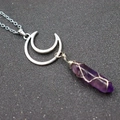 Silver double crescent moon pendant with wire-wrapped purple crystal hex point necklace - Moon + Amethyst