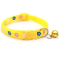 Adjustable yellow floral nylon pet collar with pink flower print and gold bell accessory - Yellow