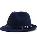 Detail of navy blue wool fedora with a black leather band and silver metal rivets - M (56-58cm) / Navy Blue