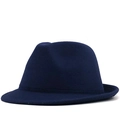 Front view of a navy blue wool fedora hat featuring a classic indented crown and flat brim - M (56-58cm) / Navy Blue