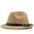 Detailed macro view of khaki wool fedora hat with black leather strap and metal buckle - M (56-58cm) / Camel