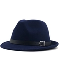 Detail of dark blue fedora hat featuring black leather band and silver metal buckle - M (56-58cm) / Navy Blue