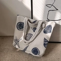 Canvas tote bag with blue ocean prints and thick rope handles for summer beach vacations - Shell