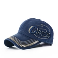 Navy blue washed baseball cap with yellow Classic 3D embroidery and vintage stitching - Adjustable / Blue