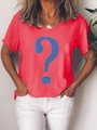 Close-up of red short sleeve V-neck t-shirt featuring a blue question mark print - S / Tops / Red