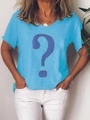 Detail of sky blue V-neck t-shirt featuring a dark blue question mark print for women - Blue