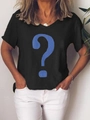 Close-up of a black short-sleeved T-shirt with a blue question mark print on the chest - S / Tops / Black
