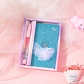 Detail shot of blue sequin notebook with pink liquid glitter pen in a dreamlike gift set - Dancing Miracle Blue