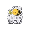 Cute cartoon bee enamel pin with I BEE LEAF IN YOU pun quote for clothes and bags - Bee with Leaf (I BEE LEAF IN YOU) (QHXZ1258)