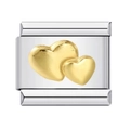 Italian charm bracelet link in silver stainless steel with gold double heart design - Gold Raised Double Hearts-Y034