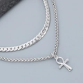 Detail of silver stainless steel double layer chain necklace with Egyptian Ankh cross pendant - Silver (KN283146-KFC)